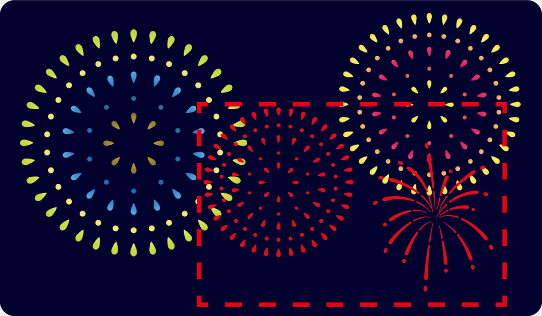 赤い点線内の2つの花火を箔押し加工する場合